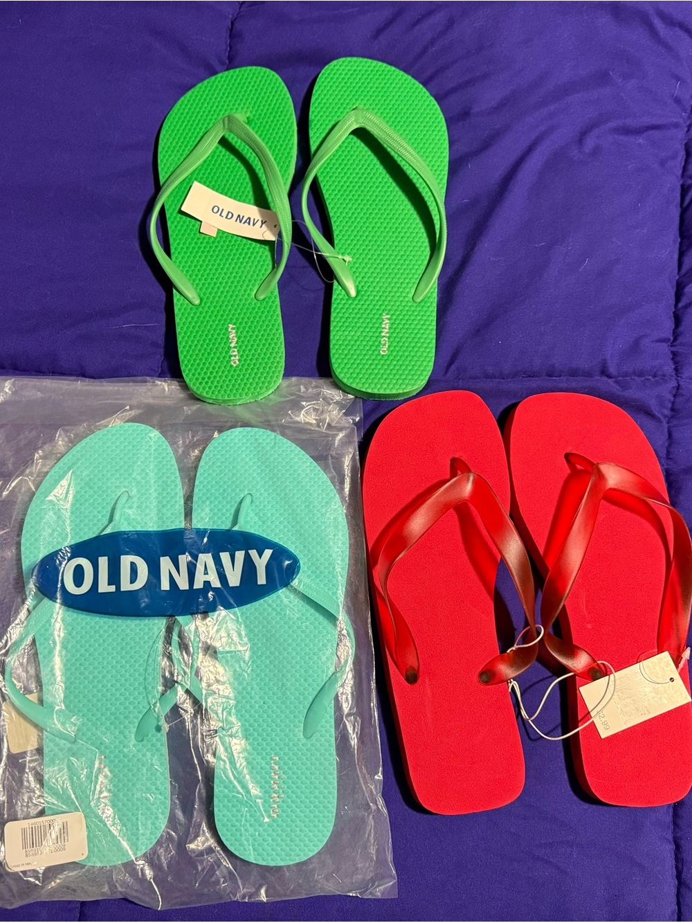 Old Navy women’s Flip Flops - Bright Green, Aqua, Red. Size 9. New.